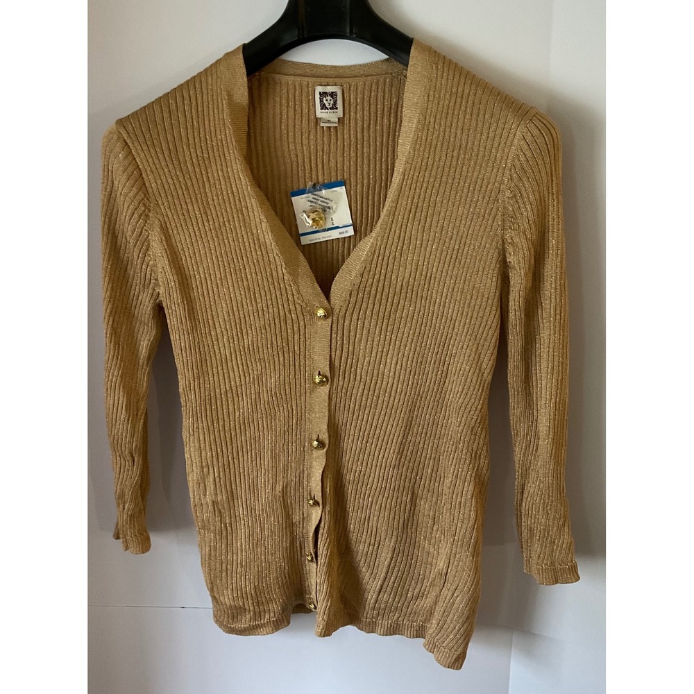 Anne Klein Gold Metallic Ribbed V-Neck Cardigan XL Lion Head Buttons NWT